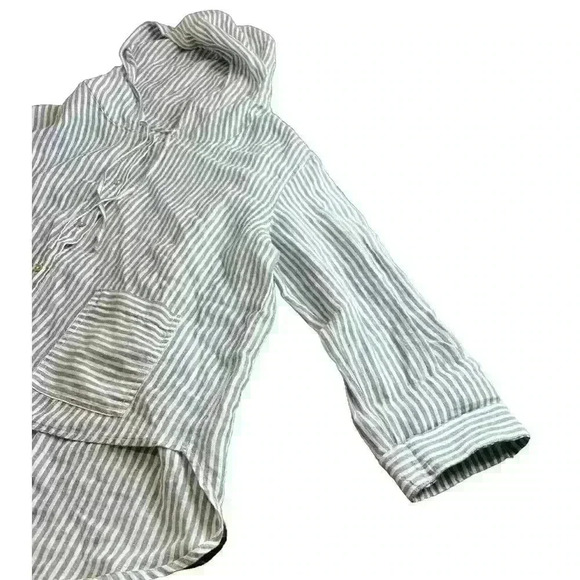 Tahari Linen Striped Hooded Button Front Top Large Roll Tab Sleeves Blue White - Picture 6 of 8